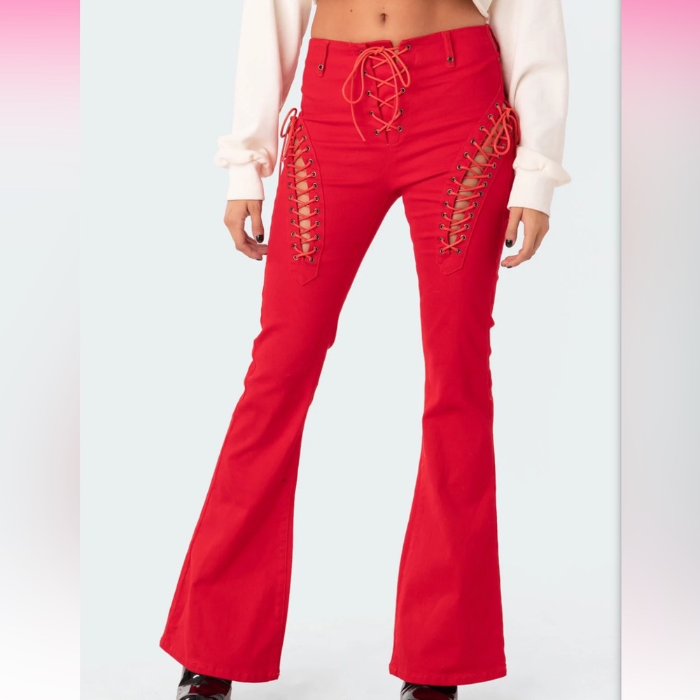 Red Lace-Up Flare Pants